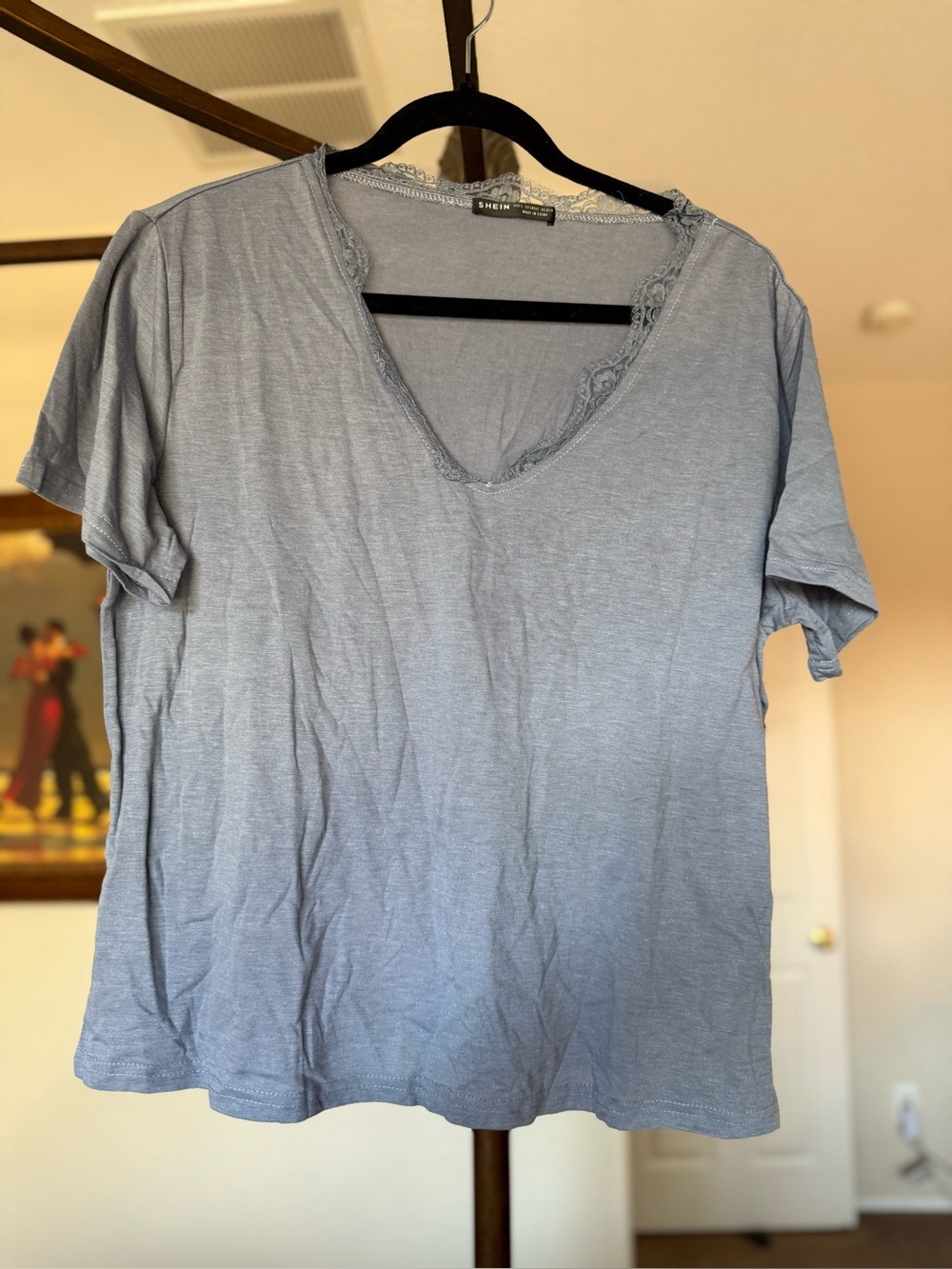 SHEIN Light Blue V-Neck Lace-Trim Short Sleeve Tee